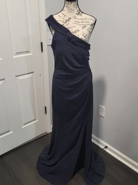 Fazadess Women's Navy Blue Ruched One Shoulder Side Split Formal Gown Exc Cond
